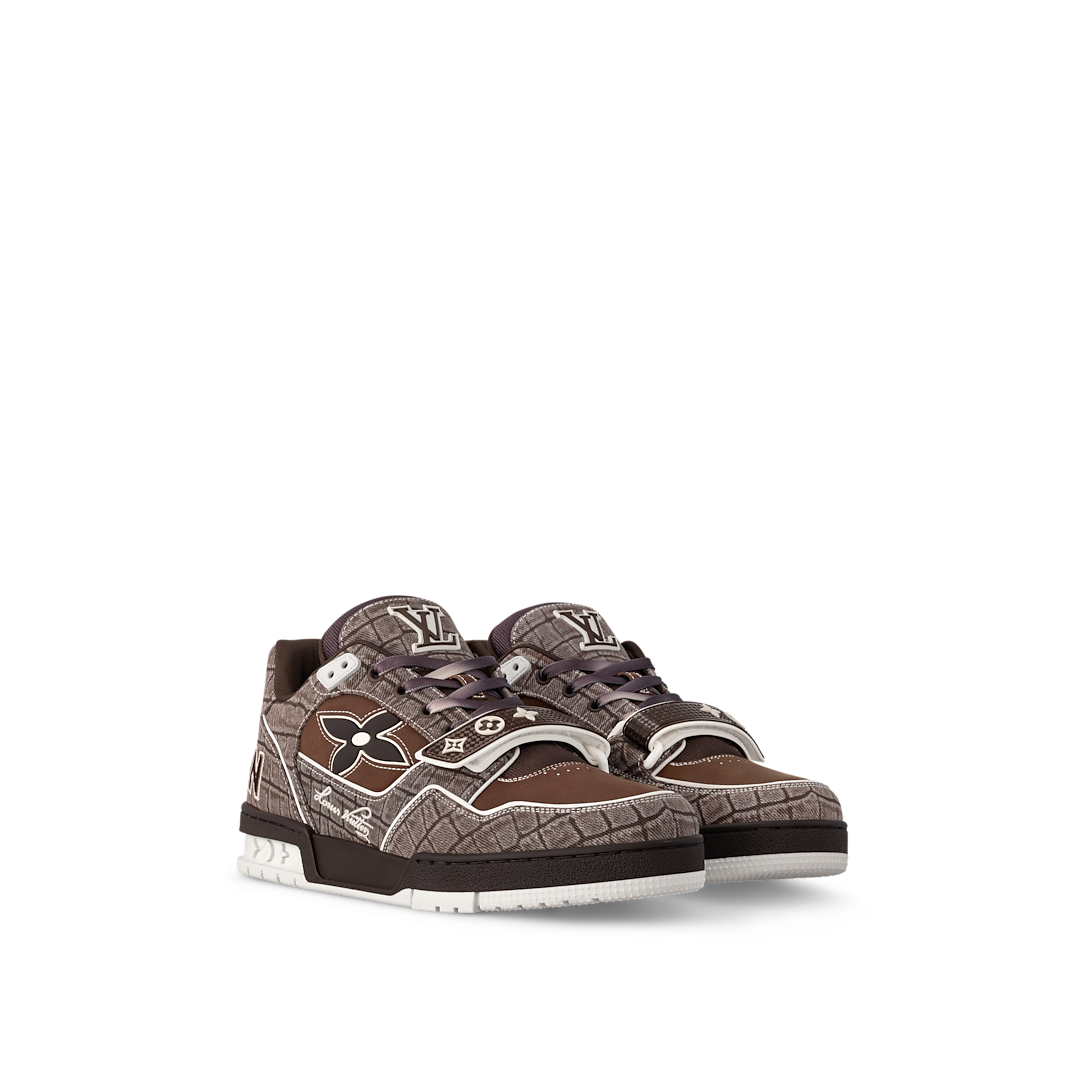 Louis Vuitton LV Trainer Marron Moka Denim Embosse Crocodile Velcro